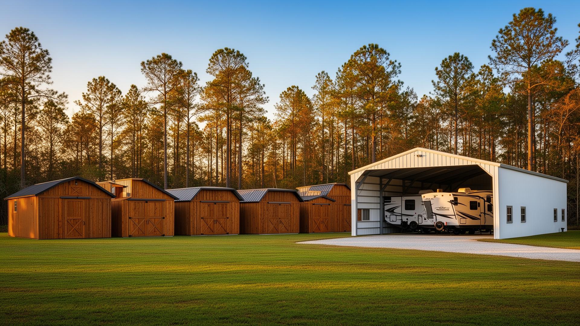 Portable buildings and metal carport in East Texas